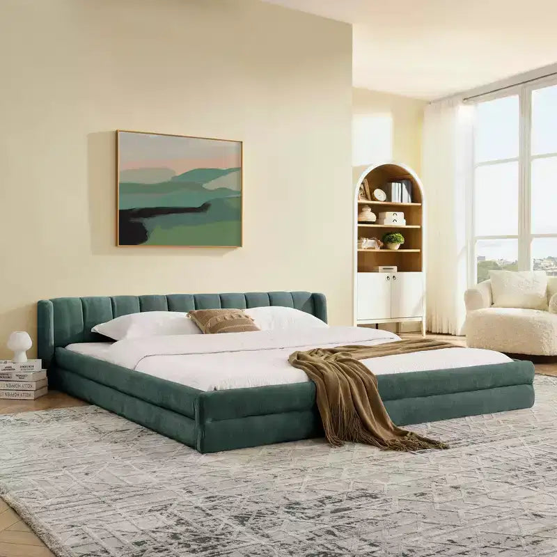Lit King Size rembourré avec tête de lit Cadre solide Tissu chenille Cadre solide pour Chambre Bleu Vert