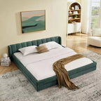 Lit King Size rembourré avec tête de lit Cadre solide Tissu chenille Cadre solide pour Chambre Bleu Vert