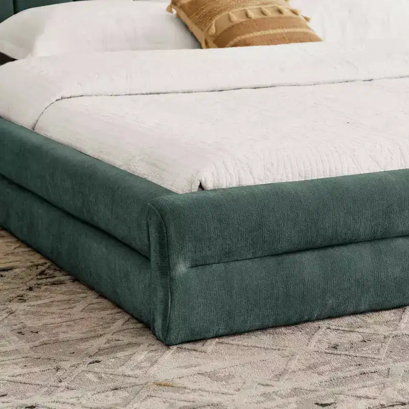Lit King Size rembourré avec tête de lit Cadre solide Tissu chenille Cadre solide pour Chambre Bleu Vert