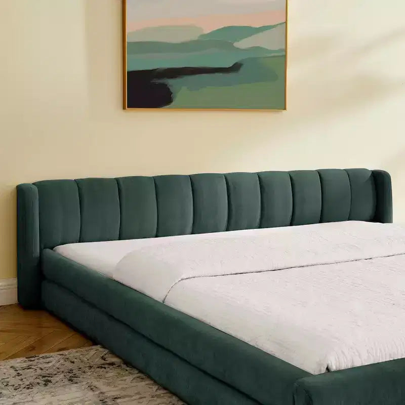 Lit King Size rembourré avec tête de lit Cadre solide Tissu chenille Cadre solide pour Chambre Bleu Vert