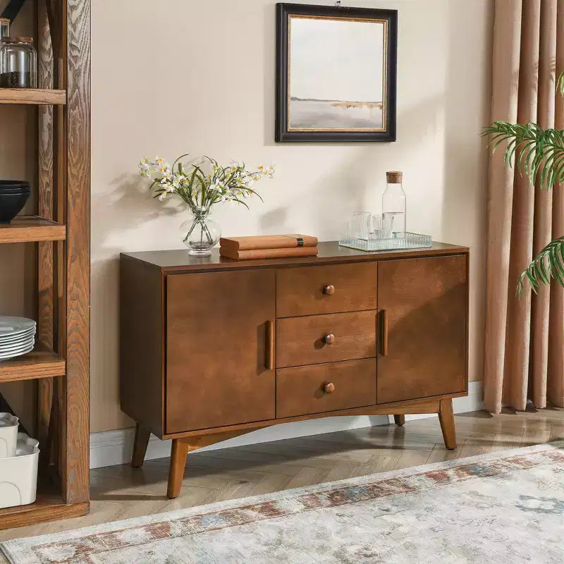 Bahut Mid-Century 47.3, Meuble de Rangement avec 2 Portes et 3 Tiroirs pour Entrée, Salon, Salle à Manger, Cuisine