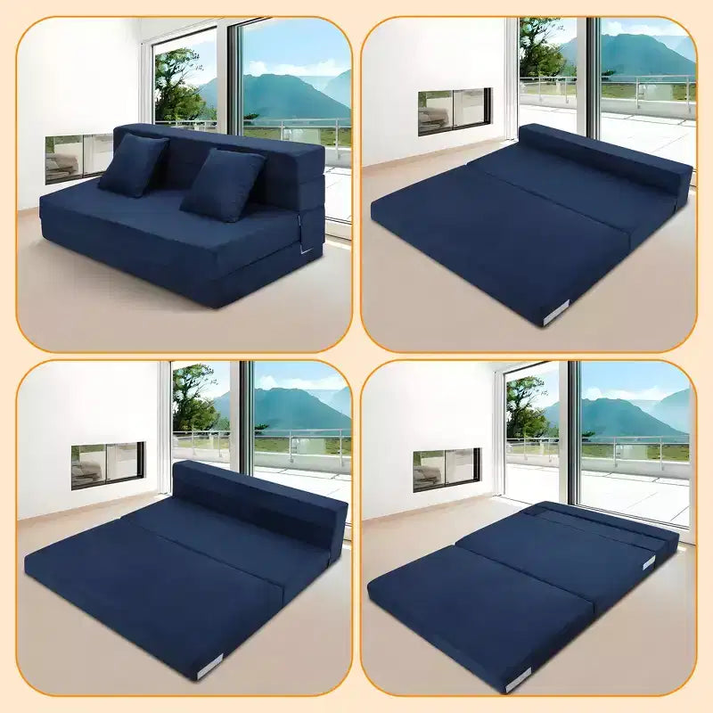 Canapé-Lit Pliant Convertible Polyvalent – Futon Paresseux 4-en-1 de Taille Double avec Oreillers, Mousse Haute Densité, Chaise Longue Pliable