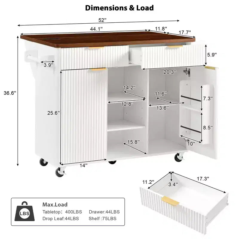 Îlot de cuisine mobile de 52 po Farmhouse avec abattant