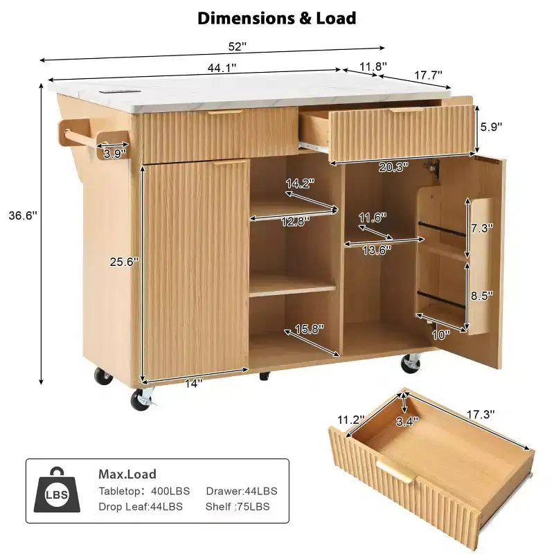 Îlot de cuisine mobile de 52 po Farmhouse avec abattant