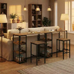 Ensemble table de cuisine 3 pièces avec étagères de rangement et 2 tabourets de bar - Table à manger en fer et bois pour petits espaces, appartements