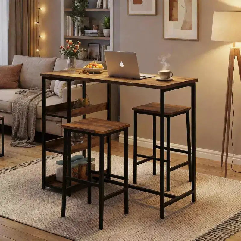Ensemble table de cuisine 3 pièces avec étagères de rangement et 2 tabourets de bar - Table à manger en fer et bois pour petits espaces, appartements
