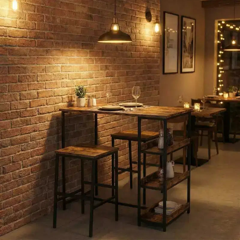 Ensemble table de cuisine 3 pièces avec étagères de rangement et 2 tabourets de bar - Table à manger en fer et bois pour petits espaces, appartements