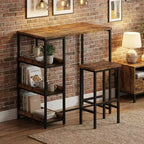 Ensemble table de cuisine 3 pièces avec étagères de rangement et 2 tabourets de bar - Table à manger en fer et bois pour petits espaces, appartements