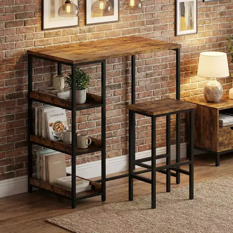 Ensemble table de cuisine 3 pièces avec étagères de rangement et 2 tabourets de bar - Table à manger en fer et bois pour petits espaces, appartements