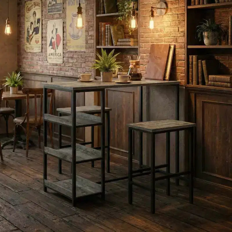 Ensemble table de cuisine 3 pièces avec étagères de rangement et 2 tabourets de bar - Table à manger en fer et bois pour petits espaces, appartements