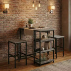 Ensemble table de cuisine 3 pièces avec étagères de rangement et 2 tabourets de bar - Table à manger en fer et bois pour petits espaces, appartements
