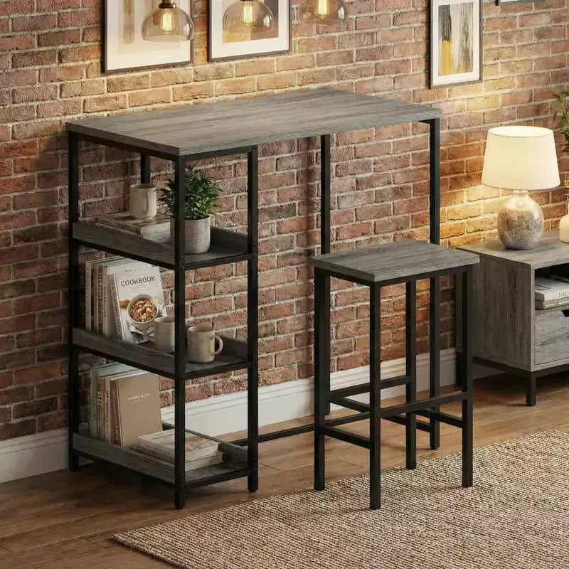 Ensemble table de cuisine 3 pièces avec étagères de rangement et 2 tabourets de bar - Table à manger en fer et bois pour petits espaces, appartements