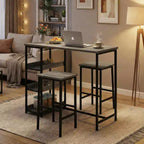 Ensemble table de cuisine 3 pièces avec étagères de rangement et 2 tabourets de bar - Table à manger en fer et bois pour petits espaces, appartements