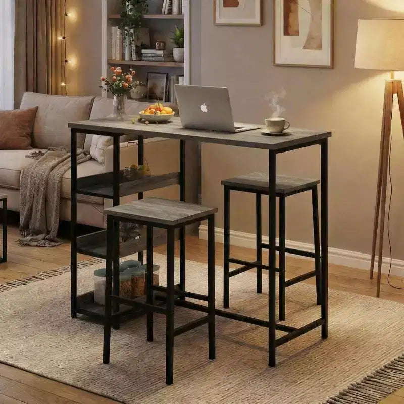 Ensemble table de cuisine 3 pièces avec étagères de rangement et 2 tabourets de bar - Table à manger en fer et bois pour petits espaces, appartements