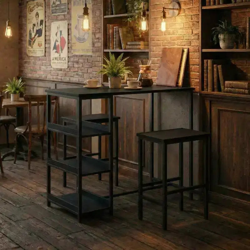 Ensemble table de cuisine 3 pièces avec étagères de rangement et 2 tabourets de bar - Table à manger en fer et bois pour petits espaces, appartements