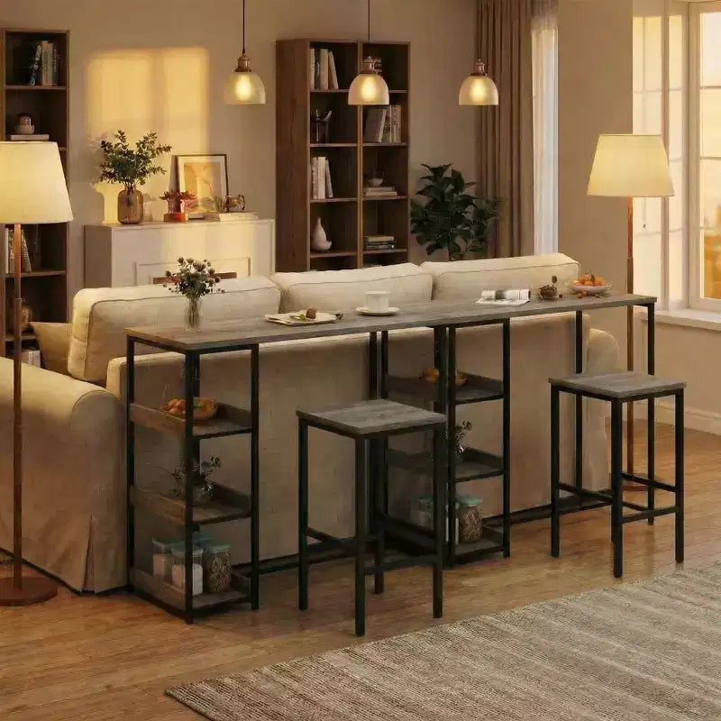 Ensemble table de cuisine 3 pièces avec étagères de rangement et 2 tabourets de bar - Table à manger en fer et bois pour petits espaces, appartements