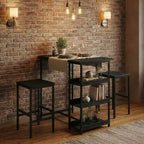 Ensemble table de cuisine 3 pièces avec étagères de rangement et 2 tabourets de bar - Table à manger en fer et bois pour petits espaces, appartements