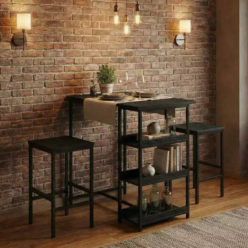 Ensemble table de cuisine 3 pièces avec étagères de rangement et 2 tabourets de bar - Table à manger en fer et bois pour petits espaces, appartements