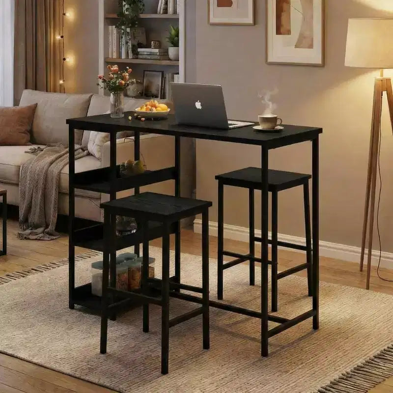 Ensemble table de cuisine 3 pièces avec étagères de rangement et 2 tabourets de bar - Table à manger en fer et bois pour petits espaces, appartements