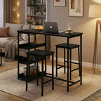Ensemble table de cuisine 3 pièces avec étagères de rangement et 2 tabourets de bar - Table à manger en fer et bois pour petits espaces, appartements
