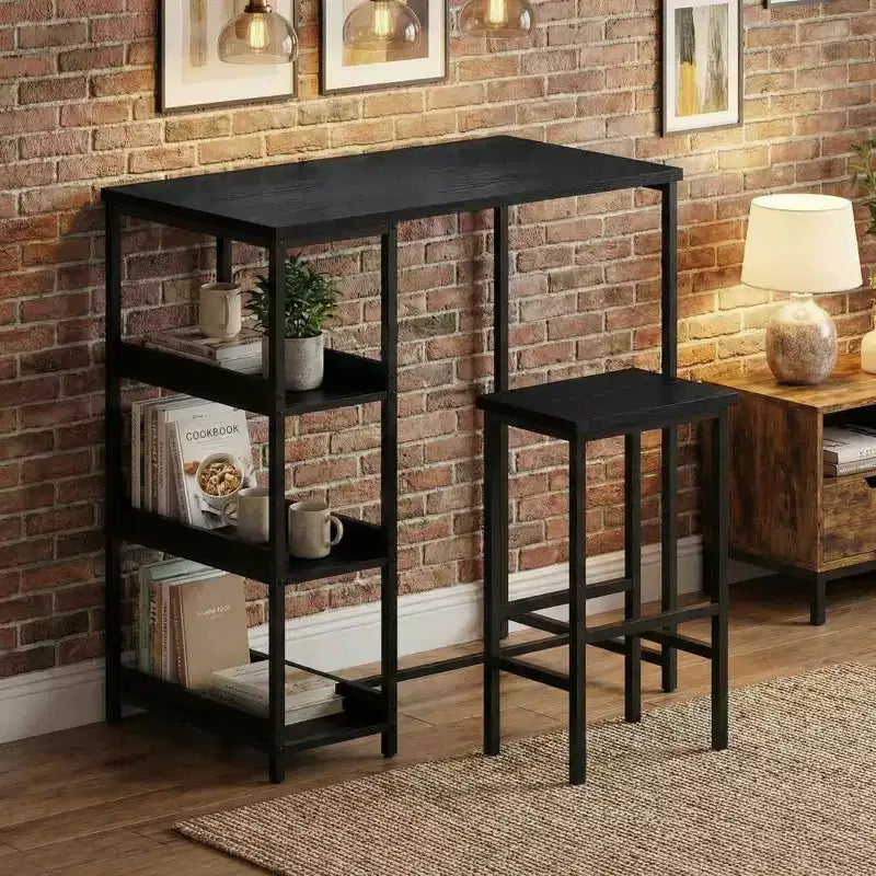 Ensemble table de cuisine 3 pièces avec étagères de rangement et 2 tabourets de bar - Table à manger en fer et bois pour petits espaces, appartements