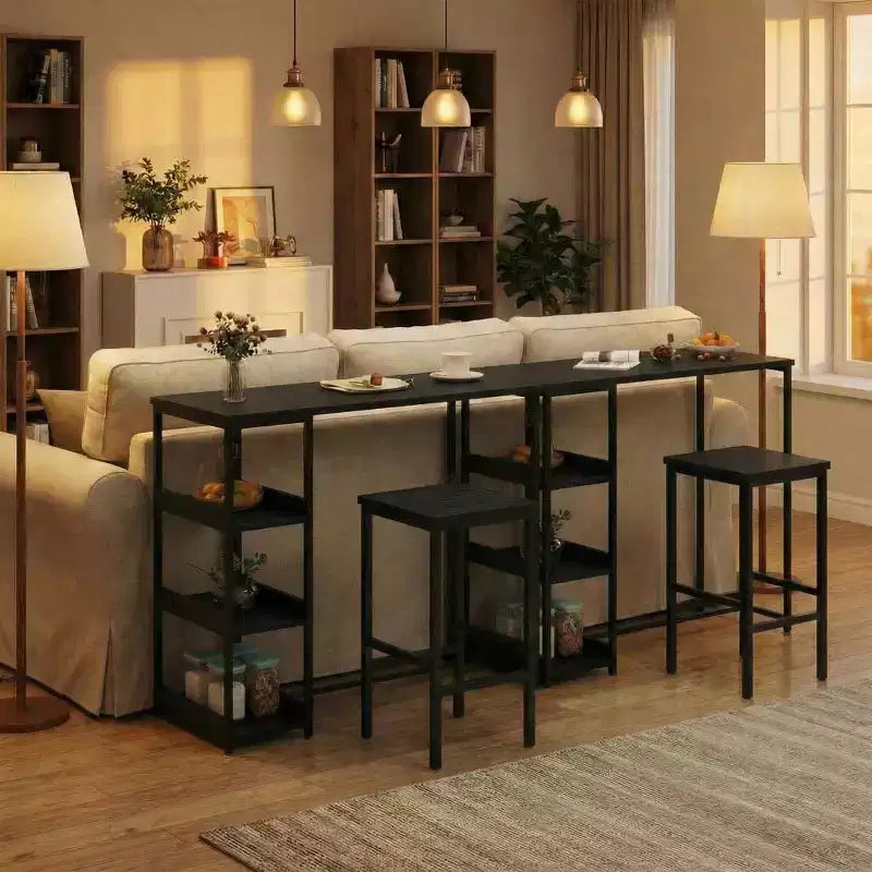 Ensemble table de cuisine 3 pièces avec étagères de rangement et 2 tabourets de bar - Table à manger en fer et bois pour petits espaces, appartements