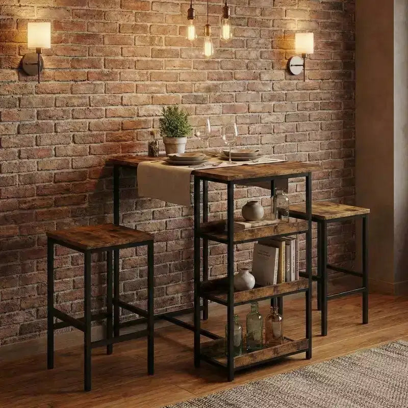 Ensemble table de cuisine 3 pièces avec étagères de rangement et 2 tabourets de bar - Table à manger en fer et bois pour petits espaces, appartements