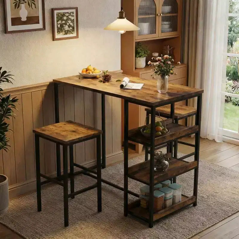 Ensemble table de cuisine 3 pièces avec étagères de rangement et 2 tabourets de bar - Table à manger en fer et bois pour petits espaces, appartements