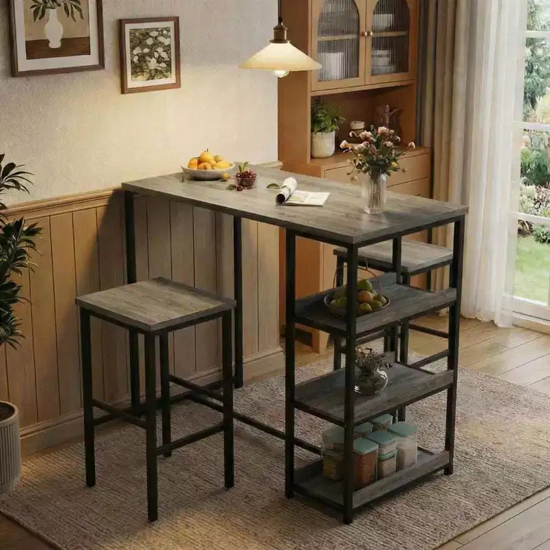 Ensemble table de cuisine 3 pièces avec étagères de rangement et 2 tabourets de bar - Table à manger en fer et bois pour petits espaces, appartements