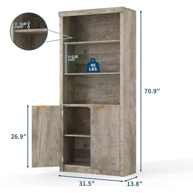 Étagère haute de 180 cm de style ferme moderne avec tiroir et portes, meuble de rangement autonome à 5 niveaux et étagère de présentation pour bureau à domicile ou salon