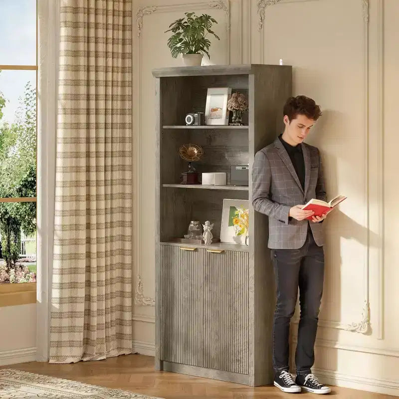 Étagère haute de 180 cm de style ferme moderne avec tiroir et portes, meuble de rangement autonome à 5 niveaux et étagère de présentation pour bureau à domicile ou salon
