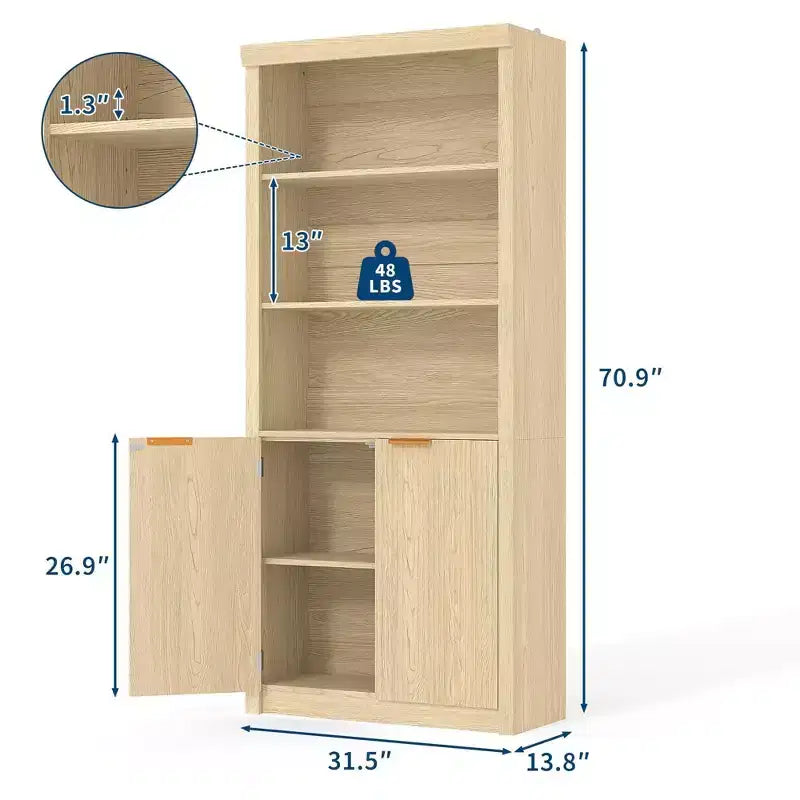 Étagère haute de 180 cm de style ferme moderne avec tiroir et portes, meuble de rangement autonome à 5 niveaux et étagère de présentation pour bureau à domicile ou salon
