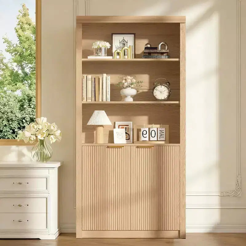 Étagère haute de 180 cm de style ferme moderne avec tiroir et portes, meuble de rangement autonome à 5 niveaux et étagère de présentation pour bureau à domicile ou salon