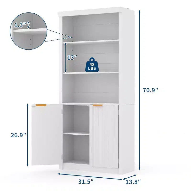 Étagère haute de 180 cm de style ferme moderne avec tiroir et portes, meuble de rangement autonome à 5 niveaux et étagère de présentation pour bureau à domicile ou salon