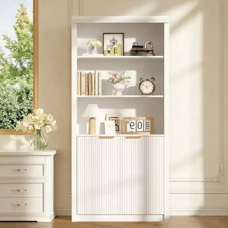Étagère haute de 180 cm de style ferme moderne avec tiroir et portes, meuble de rangement autonome à 5 niveaux et étagère de présentation pour bureau à domicile ou salon