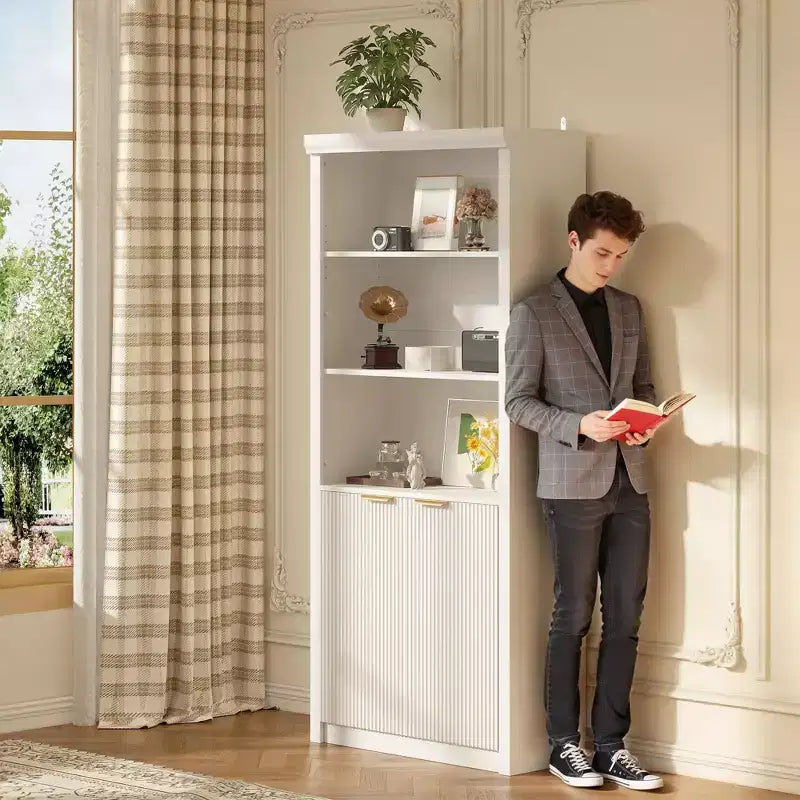 Étagère haute de 180 cm de style ferme moderne avec tiroir et portes, meuble de rangement autonome à 5 niveaux et étagère de présentation pour bureau à domicile ou salon