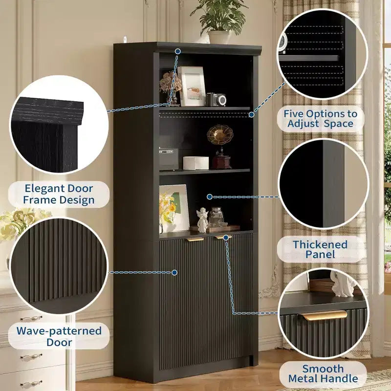Étagère haute de 180 cm de style ferme moderne avec tiroir et portes, meuble de rangement autonome à 5 niveaux et étagère de présentation pour bureau à domicile ou salon