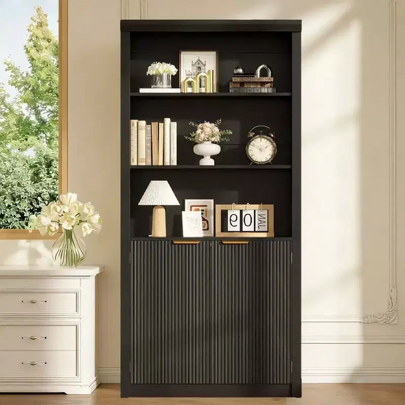 Étagère haute de 180 cm de style ferme moderne avec tiroir et portes, meuble de rangement autonome à 5 niveaux et étagère de présentation pour bureau à domicile ou salon