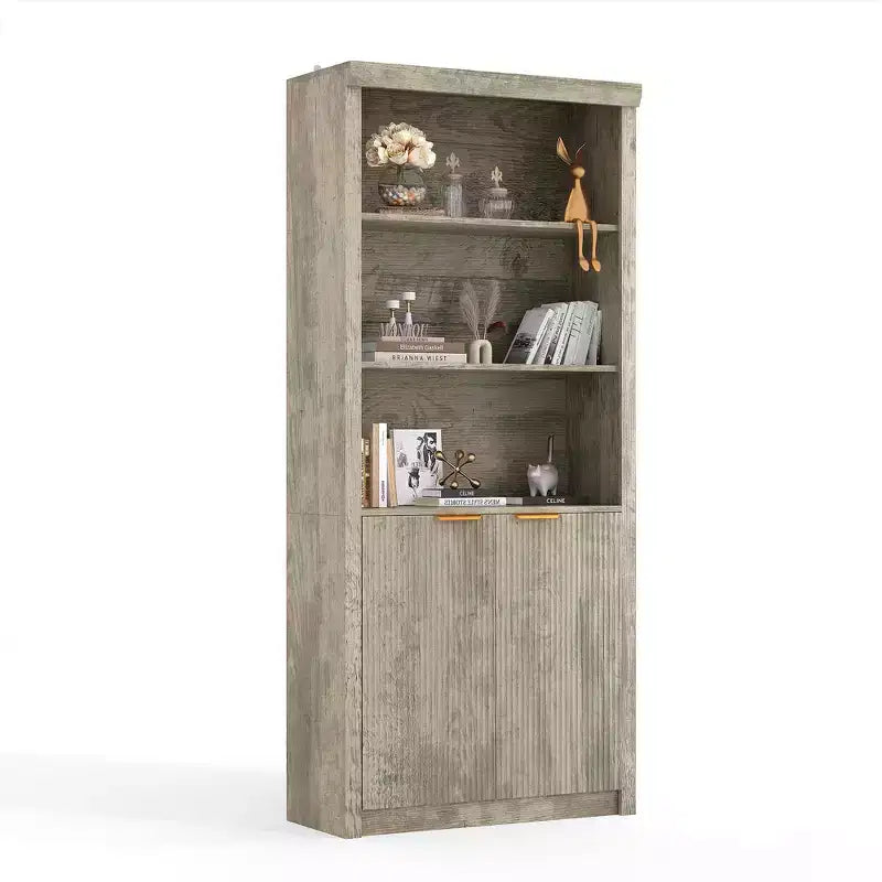 Étagère haute de 180 cm de style ferme moderne avec tiroir et portes, meuble de rangement autonome à 5 niveaux et étagère de présentation pour bureau à domicile ou salon