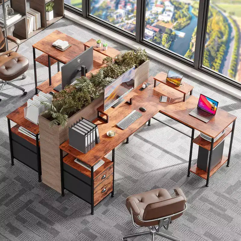 Bureau d'angle en L marron de 66 pouces avec station de charge, bureau de jeu réversible, classeur, support de moniteur, rangement, poste de travail de bureau à domicile