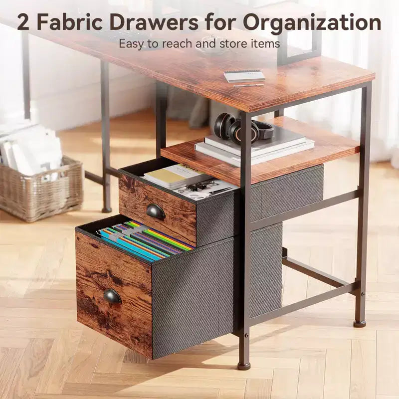 Bureau d'angle en L marron de 66 pouces avec station de charge, bureau de jeu réversible, classeur, support de moniteur, rangement, poste de travail de bureau à domicile