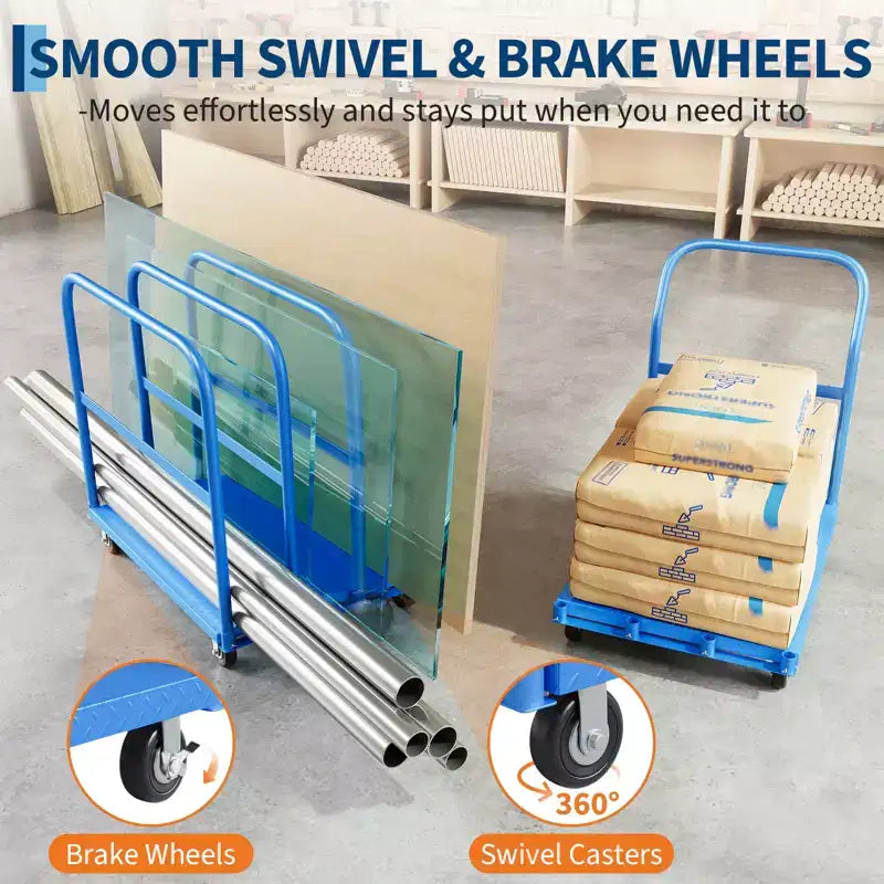 Chariot de plate-forme pliant robuste de 2000 lb avec mains courantes latérales doubles, roues pivotantes de 5 pouces, chariot roulant à plateau plat de 37x24 pouces Bleu