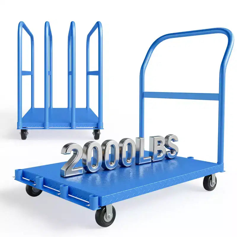 Chariot de plate-forme pliant robuste de 2000 lb avec mains courantes latérales doubles, roues pivotantes de 5 pouces, chariot roulant à plateau plat de 37x24 pouces Bleu