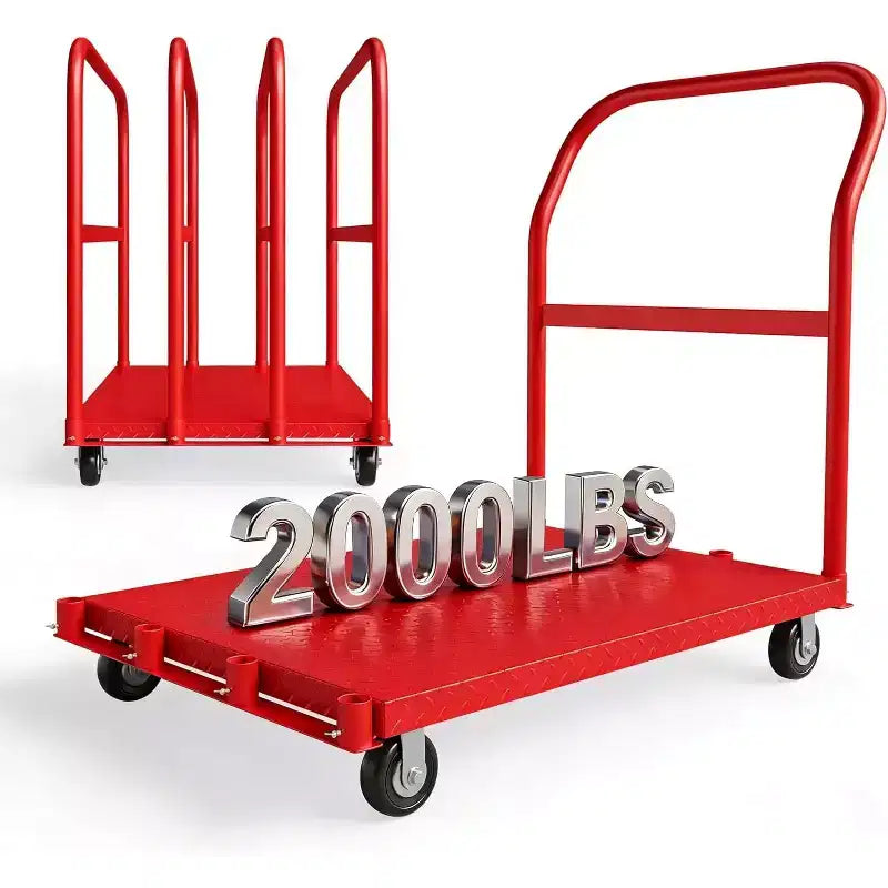 Chariot de plate-forme pliant robuste de 2000 lb avec mains courantes latérales doubles, roues pivotantes de 5 pouces, chariot roulant à plateau plat de 37x24 pouces Bleu
