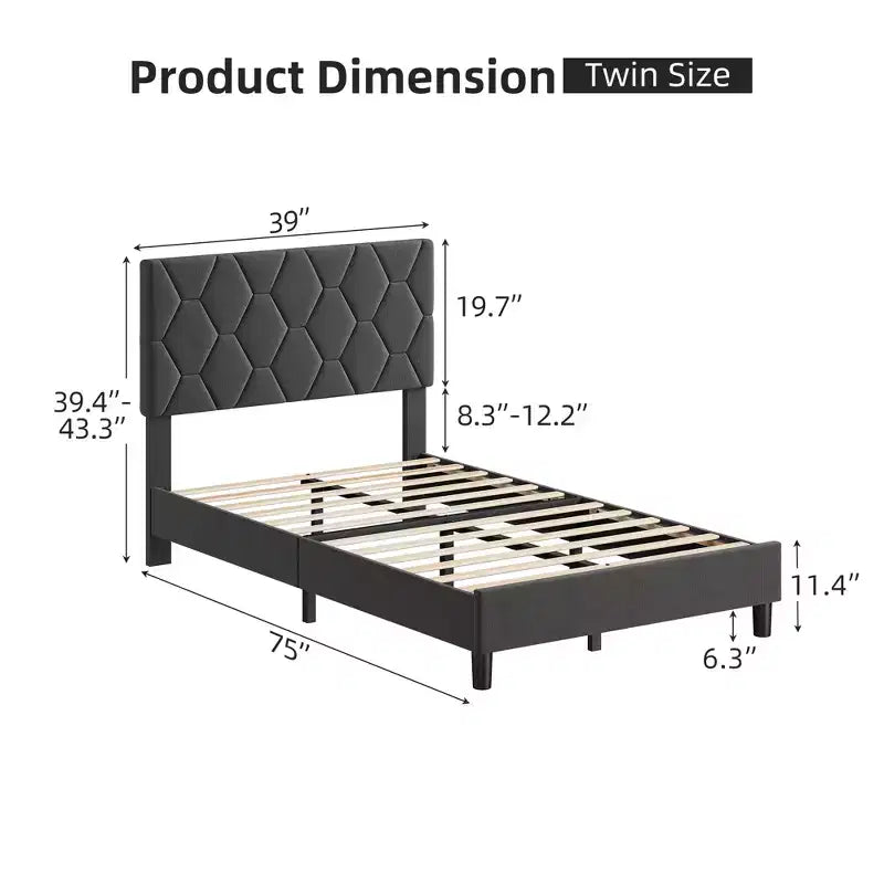 Cadre de lit plateforme moderne rembourré avec tête de lit réglable Plateforme robuste Support de lattes en bois solide Sans bruit Pas besoin de sommier tapissier