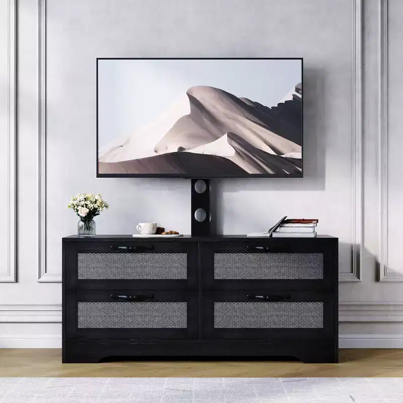 Meuble TV commode avec tiroirs et portes en rotin