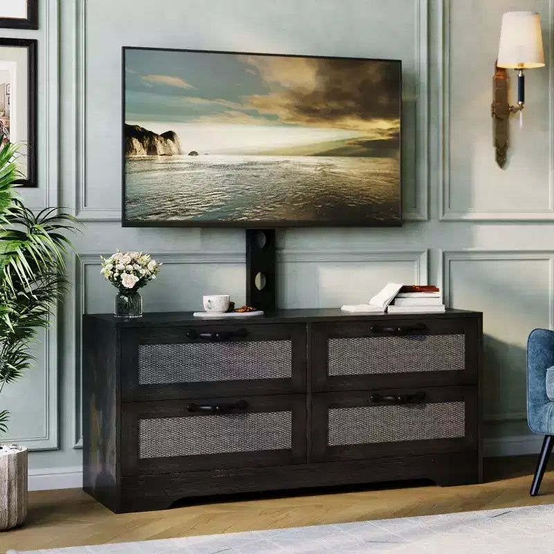 Meuble TV commode avec tiroirs et portes en rotin