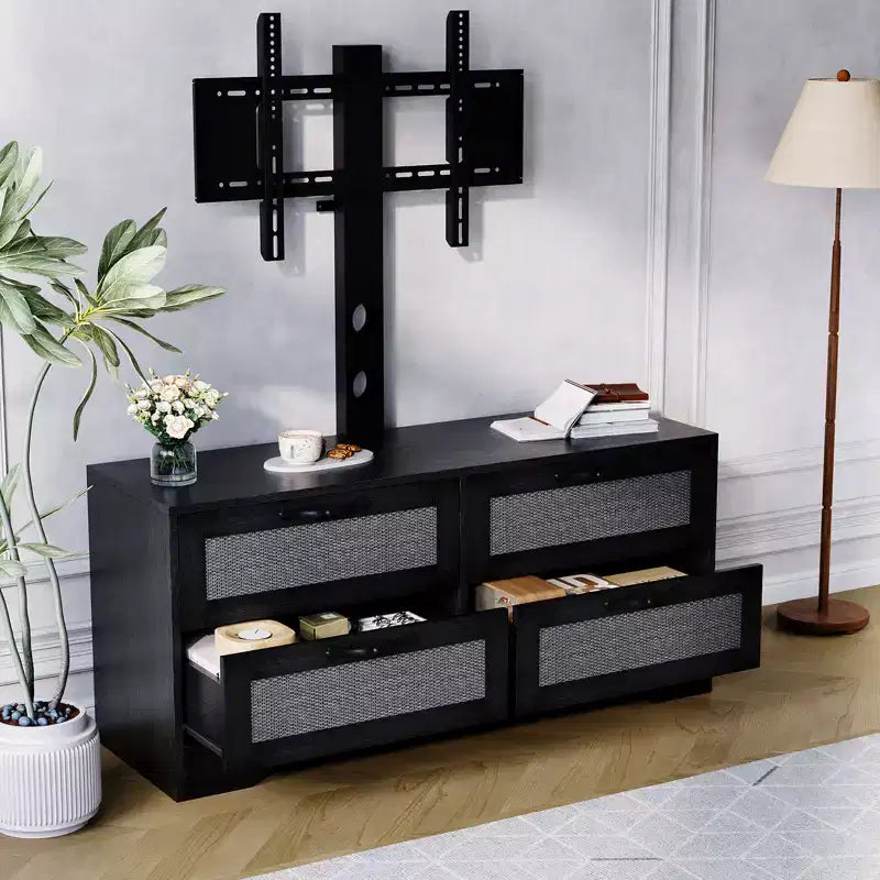 Meuble TV commode avec tiroirs et portes en rotin