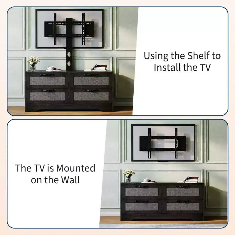 Meuble TV commode avec tiroirs et portes en rotin