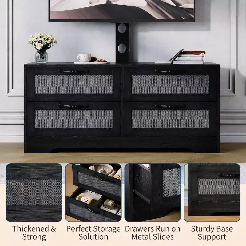 Meuble TV commode avec tiroirs et portes en rotin
